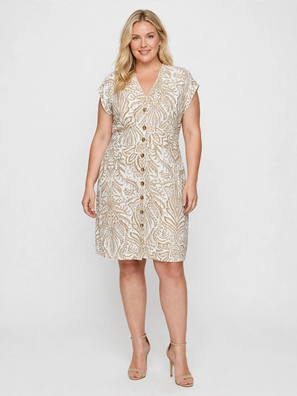 LOFT Beige and Cream Paisley Button-Front dress